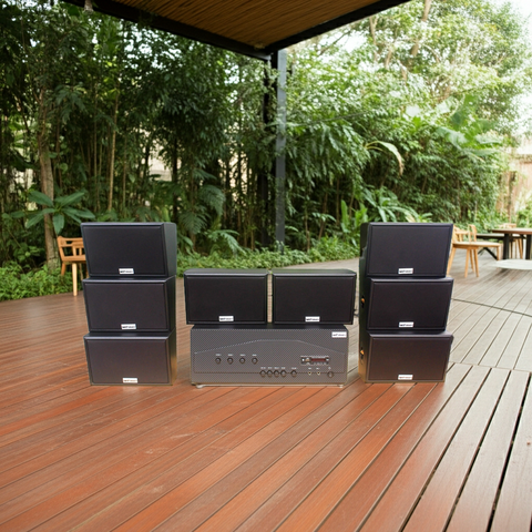Dàn loa sân vườn: 1 Amply Goldsound A917 - 4K, 4 vùng 1500w + 8 loa vệ tinh Goldsound ngoài trời V40NT 40w, loa được thiết kế riêng cho quán, bật lớn không tạp âm, miễn phí công lắp đặt, bảo hành 12 tháng.