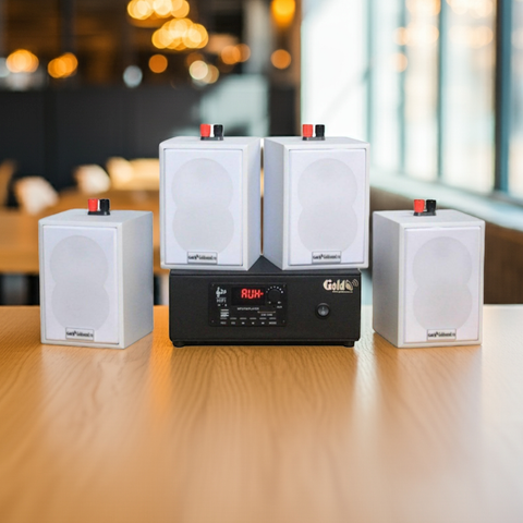 Dàn loa treo tường phát nhạc nền Gold4Cafe 4.0: Amply A2.0 + 4 loa treo tường V12 màu trắng, Amply, loa được thiết kế riêng cho quán, bật lớn không tạp âm, bảo hành dài hạn 5 năm.