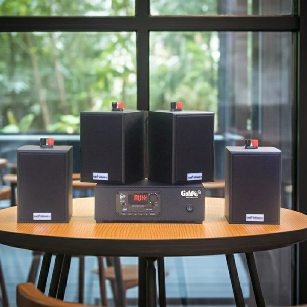 Dàn loa thông báo phát nhạc nền tự động Gold4Cafe 4.0: Amply A2.0 + 4 loa treo tường V12, Amply, loa được thiết kế riêng cho quán, bật lớn không tạp âm, bảo hành dài hạn 5 năm.