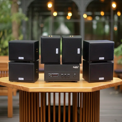 Dàn loa sân vườn: Amply A156PU Goldsound 200w + 6 loa Goldsound ngoài trời V101-NT - 15w, loa được thiết kế riêng cho quán, bật lớn không tạp âm, không bao gồm công lắp đặt, bảo hành 12 tháng