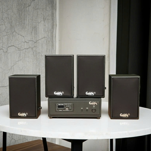 Dàn loa không dây treo tường, Loa thông báo, loa phát nhạc tự động: 01 amply A57 Goldsound + 4 loa không dây Goldsound V30 UHF - 30w