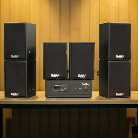 Dàn loa không dây treo tường, Loa thông báo, loa phát nhạc tự động: 01 amply A57 Goldsound + 6 loa không dây Goldsound V30 UHF - 30w
