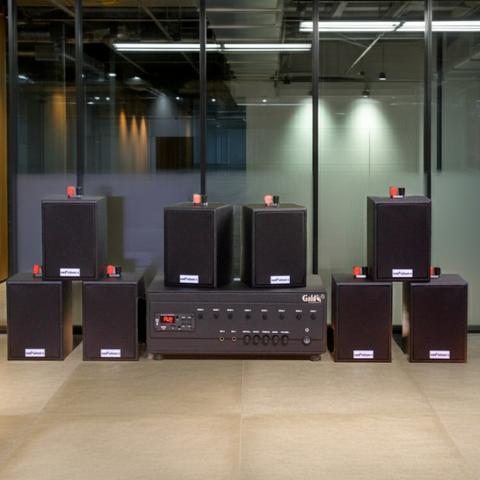 Loa treo tường thông báo, phát nhạc nền tự động A384PU-8V Goldsound 8 vùng âm lượng 3w + 8 loa Goldsound V12, loa được thiết kế riêng cho quán, bật lớn không tạp âm, miễn phí công lắp đặt, bảo hành dài hạn 5 năm.
