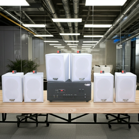 Loa treo tường thông báo, phát nhạc nền tự động A907PU-2K Goldsound 2 vùng âm lượng 900w + 6 loa Goldsound V25C màu trắng, loa được thiết kế riêng cho quán, bật lớn không tạp âm, miễn phí công lắp đặt, bảo hành dài hạn 5 năm.