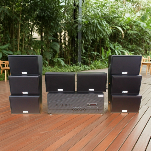 Dàn loa sân vườn: 1 Amply Goldsound A917 - 4K, 4 vùng 1500w + 8 loa vệ tinh Goldsound ngoài trời V40NT 40w, loa được thiết kế riêng cho quán, bật lớn không tạp âm, miễn phí công lắp đặt, bảo hành 12 tháng.
