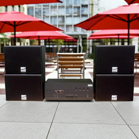 Dàn loa sân vườn: Amply A384-4K Goldsound 4 vùng âm lượng 800w + 4 loa Goldsound ngoài trời V130NT 130w, Amply 4 - 6 vùng âm lượng, loa được thiết kế riêng cho quán, bật lớn không tạp âm, miễn phí công lắp đặt, bảo hành 12 tháng