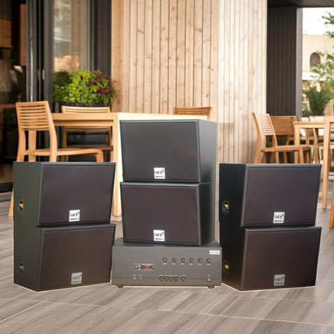 Dàn loa sân vườn: Amply A384-6K Goldsound 6 vùng âm lượng 1200w + 6 loa Goldsound ngoài trời V130NT 130w, Amply 4 - 6 vùng âm lượng, loa được thiết kế riêng cho quán, bật lớn không tạp âm, miễn phí công lắp đặt, bảo hành 12 tháng