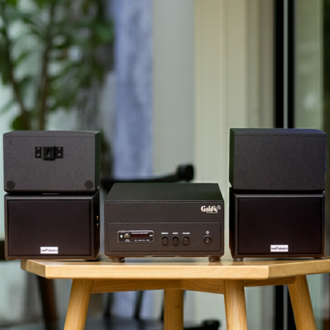 Dàn loa sân vườn: Amply A156PU Goldsound 200w + 4 loa Goldsound ngoài trời V101-NT - 15w, loa được thiết kế riêng cho quán, bật lớn không tạp âm, không bao gồm công lắp đặt, bảo hành 12 tháng