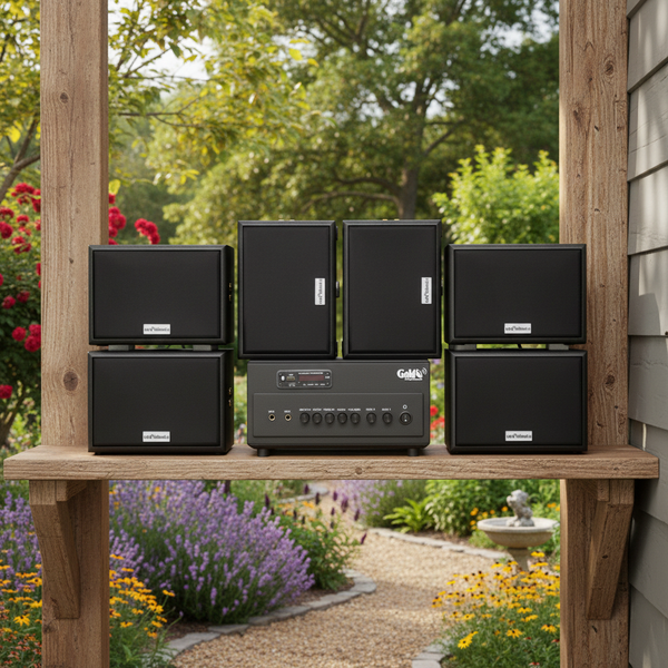 Dàn loa sân vườn: Amply A384PU-2K Goldsound 380w + 6 loa Goldsound ngoài trời V101-NT - 15w, loa được thiết kế riêng cho quán, bật lớn không tạp âm, không bao gồm công lắp đặt, bảo hành 12 tháng