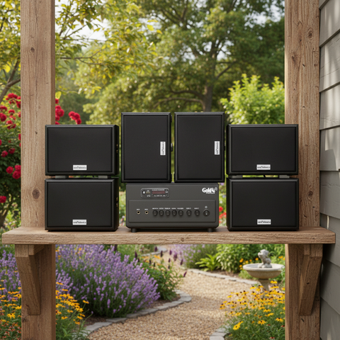 Dàn loa sân vườn: Amply A384PU-2K Goldsound 380w + 6 loa Goldsound ngoài trời V101-NT - 15w, loa được thiết kế riêng cho quán, bật lớn không tạp âm, không bao gồm công lắp đặt, bảo hành 12 tháng