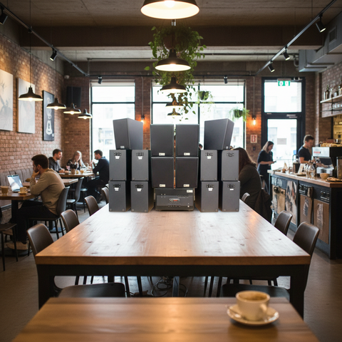 Loa treo tường, phát nhạc nền thông báo: A1800 Goldsound 4 vùng âm lượng 1800w + 14 loa Goldsound V40C, loa được thiết kế riêng cho quán, bật lớn không tạp âm, miễn phí công lắp đặt, bảo hành dài hạn 5 năm.