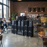 Loa treo tường phát nhạc nền quán cafe, nhà hàng: Amply A1800 Goldsound 4 vùng âm lượng 1800w + 18 loa Goldsound V25C 25W, Amply 4 - 6 vùng âm lượng, loa được thiết kế riêng cho quán