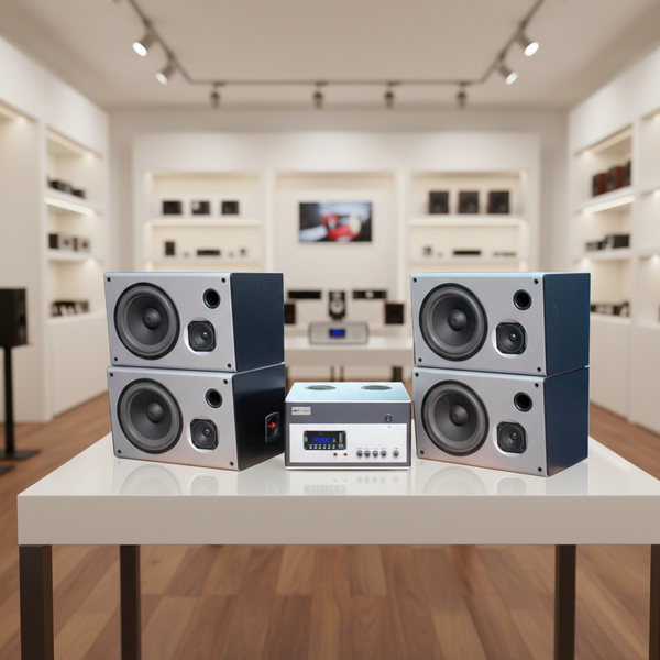 Dàn loa treo tường thông báo, phát nhạc nền tự động: Amply A800 Goldsound 800w + 4 loa Goldsound  V130 130w, loa được thiết kế riêng cho quán, bật lớn không tạp âm, miễn phí công lắp đặt, bảo hành dài hàn 5 năm