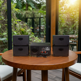 Dàn loa sân vườn: Amply A154PU Goldsound 150w + 4 loa Goldsound ngoài trời V101-NT - 15w, loa được thiết kế riêng cho quán, bật lớn không tạp âm, không bao gồm công lắp đặt, bảo hành 12 tháng