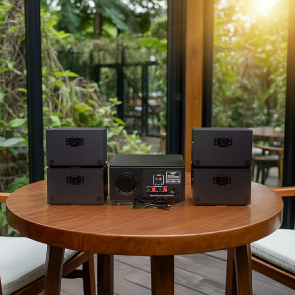 Dàn loa sân vườn: Amply A154PU Goldsound 150w + 4 loa Goldsound ngoài trời V101-NT - 15w, loa được thiết kế riêng cho quán, bật lớn không tạp âm, không bao gồm công lắp đặt, bảo hành 12 tháng