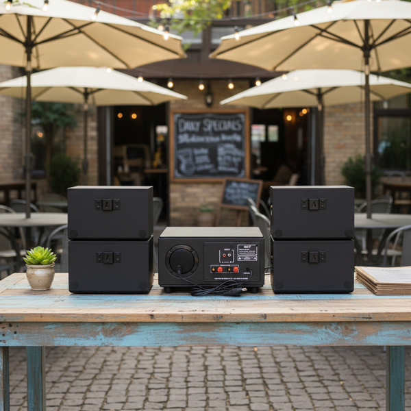 Dàn loa sân vườn: Amply A154PU Goldsound 150w + 4 loa Goldsound ngoài trời V101-NT - 15w, loa được thiết kế riêng cho quán, bật lớn không tạp âm, không bao gồm công lắp đặt, bảo hành 12 tháng