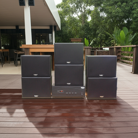 Dàn loa treo tường: Amply A918PU - 2K Goldsound 2 vùng âm lượng 1200w + 6 loa Goldsound V130 - 130w, loa được thiết kế riêng cho quán, bật lớn không tạp âm, miễn phí công lắp đặt, bảo hành dài hạn 5 năm.