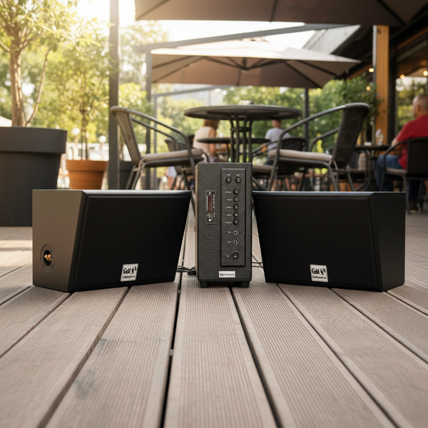 Dàn loa sân vườn: Amply A384 Goldsound 2 vùng âm lượng 380w + 2 loa Goldsound chống nước ngoài trời V130NT 130w, loa được thiết kế riêng cho quán, bật lớn không tạp âm, miễn phí công lắp đặt, bảo hành 12 tháng