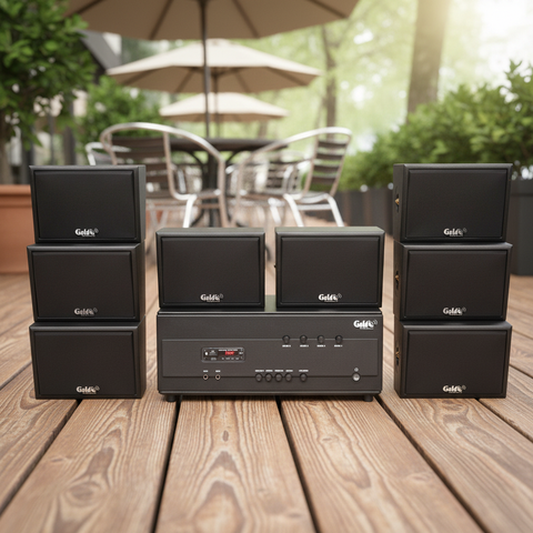 Dàn loa sân vườn: Amply A384PU-4K, 4 vùng âm lượng 800w + 8 loa ngoài trời V40NT-PU 40w, loa được thiết kế riêng cho quán, bật lớn không tạp âm, miễn phí công lắp đặt, bảo hành dài 12 tháng