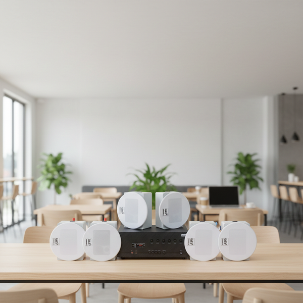 Loa âm trần thông báo, phát nhạc nền tự động: A384-6K Goldsound 6 vùng âm lượng 1200w + 6 loa âm trần Goldsound VAT38 38w, Amply 4 - 6 vùng âm lượng, loa được thiết kế riêng cho quán, bật lớn không tạp âm, miễn phí công lắp đặt, bảo hành dài hạn 5 năm.