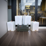 Loa thông báo, loa phát nhạc nền tự động A384PU-2K Goldsound 2 vùng âm lượng 380w + 4 loa Goldsound V25C màu trắng, loa được thiết kế riêng cho quán, bật lớn không tạp âm, miễn phí công lắp đặt, bảo hành dài hạn 5 năm.