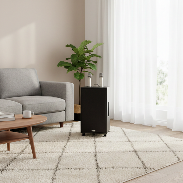 Loa di động D220PU - MI, công suất 220w, pin 4 - 6 tiếng, kèm 2 Micro, 1 bass, 1 treble, bluetooth 5.0, cổng rca, khe usb, thiết kế loa thùng gỗ, cao 57.25 cm, rộng 35.5 cm, sâu 36 cm. Bảo hành 12 tháng