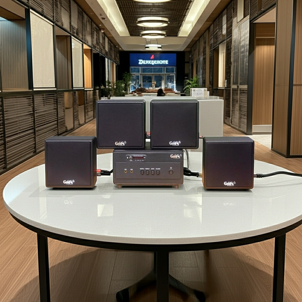 Dàn loa treo tường: Amply A154PU Goldsound 150w + 4 loa Goldsound V23 - 23w, loa được thiết kế riêng cho quán, bật lớn không tạp âm, miễn phí công lắp đặt, bảo hành dài hạn 5 năm.