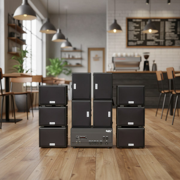 Dàn loa sân vườn: Amply A907PU-2K Goldsound 900w + 10 loa Goldsound ngoài trời V101-NT - 15w, loa được thiết kế riêng cho quán, bật lớn không tạp âm, không bao gồm công lắp đặt, bảo hành 12 tháng