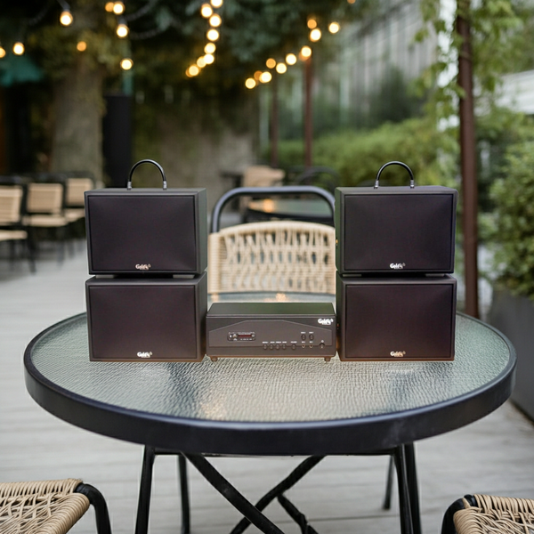 Dàn loa treo tường: Amply A917PU-2K Goldsound 2 vùng âm lượng 1200w + 4 loa Goldsound V130PU-MT, loa được thiết kế riêng cho quán, bật lớn không tạp âm, miễn phí công lắp đặt, bảo hành dài hạn 5 năm