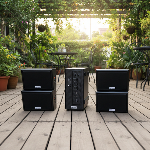 Dàn loa sân vườn: âm ly AMT384 Goldsound 2 vùng âm lượng 380w + 4 loa Goldsound ngoài trời V40NT 40w, loa được thiết kế riêng cho quán, bật lớn không tạp âm, miễn phí công lắp đặt, bảo hành 12 tháng