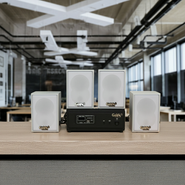 Dàn loa không dây treo tường, Loa thông báo, loa phát nhạc tự động: 01 amply A57 Goldsound + 4 loa không dây Goldsound V27 - 27w