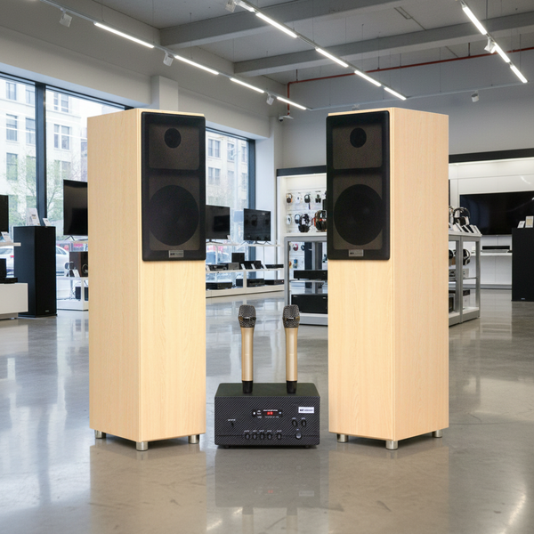 Dàn loa cây M386 (01 cục đẩy 900w tích hợp Micro + 02 loa cây V386 + Tặng kèm Micro)