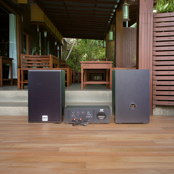 Loa treo tường sân vườn, loa ngoài trời: Amply Goldsound A918 hai kênh 1200w + 2 loa Goldsound treo tường ngoài trời V230NT 230w, loa được thiết kế riêng cho quán, bật lớn không tạp âm, miễn phí công lắp đặt, bảo hành dài hạn 5 năm.