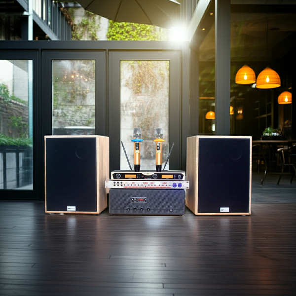 Dàn Karaoke Acoustic:  1 Amply A918 + 2 V231 + 1 vang + 2 Micro không dây - Hàng trưng bày đồng giá cuối năm