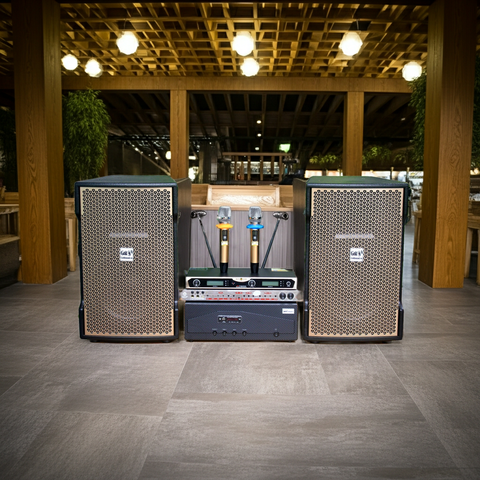 Hàng trưng bày: Dàn 1 Amply A918 + 2 V238 Gold + 1 vang + 2 Micro