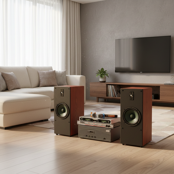 Dàn loa cây karaoke gia đình K385 vân gỗ (01 amply 1200w + 02 loa 380w + 01 vang cơ + bộ Micro không dây)