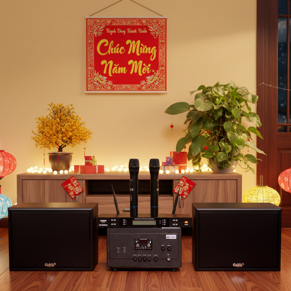 Dàn KARAOKE GOLD-130 (2 loa 130w + 1 amply 900w + 2 Micro không dây)