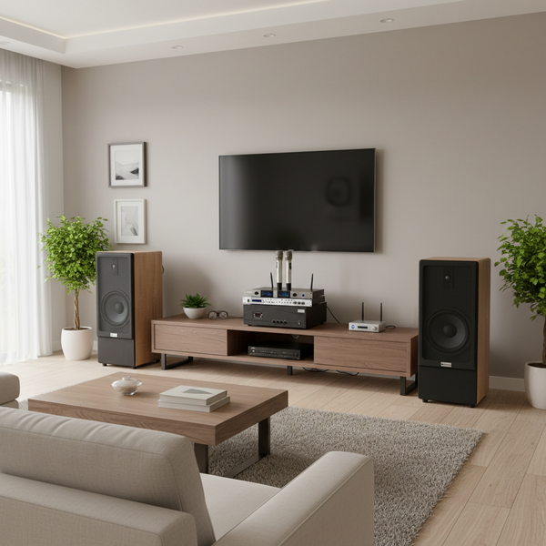 Dàn loa cây karaoke gia đình K385 vân gỗ sáng (01 amply 1200w + 02 loa 380w + 01 vang cơ + bộ Micro không dây)