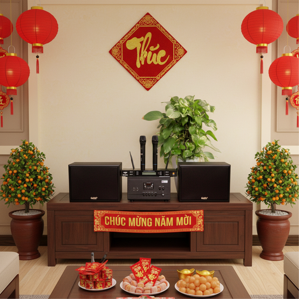 Dàn KARAOKE GOLD-130 (2 loa 130w + 1 amply 900w + 2 Micro không dây)