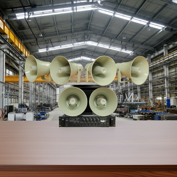 Loa thông báo nhà xưởng: 1 Amply A850F + 06 Ne65w, Amply 5 vùng, loa được thiết kế riêng, bật lớn không tạp âm, miễn phí công lắp đặt, bảo hành dài hạn 12 tháng