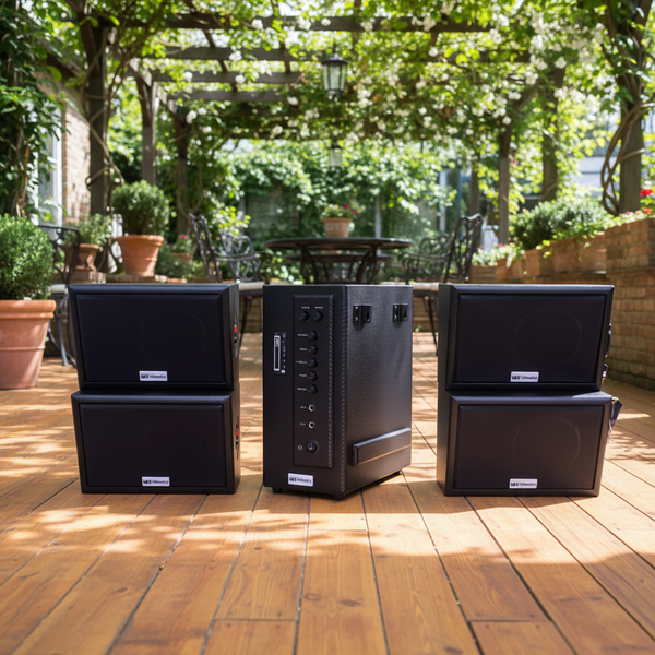 Dàn loa sân vườn: âm ly AMT384 Goldsound 2 vùng âm lượng 380w + 4 loa Goldsound ngoài trời V40NT 40w, loa được thiết kế riêng cho quán, bật lớn không tạp âm, miễn phí công lắp đặt, bảo hành 12 tháng