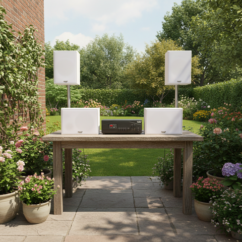 [Diện tích 120m2 + 02 Kênh] Loa thông báo, loa phát nhạc nền tự động A917PU-2K Goldsound 2 vùng âm lượng 1200w + 4 loa ngoài trời V130NT màu trắng 130w, loa được thiết kế riêng cho quán, bật lớn không tạp âm, miễn phí công lắp đặt, bảo hành 12 tháng