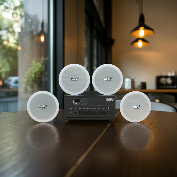 Dàn loa âm trần thông báo, phát nhạc nền tự động: A384PU-2K Goldsound 2 vùng âm lượng 380w + 4 loa âm trần VAT13, loa được thiết kế riêng cho quán, bật lớn không tạp âm, miễn phí công lắp đặt, bảo hành dài hạn 12 tháng