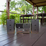 Dàn loa sân vườn: 1 Amply Goldsound A917 - 4K, 4 vùng 1500w + 8 loa vệ tinh Goldsound ngoài trời V40NT 40w, loa được thiết kế riêng cho quán, bật lớn không tạp âm, miễn phí công lắp đặt, bảo hành 12 tháng.