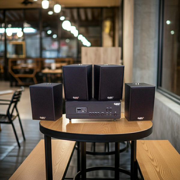 Dàn loa treo tường thông báo, phát nhạc nền tự động: Amply A917PU-2K Goldsound 1200w + 4 loa Goldsound V55C 55w, loa được thiết kế riêng cho quán, bật lớn không tạp âm, miễn phí công lắp đặt, bảo hành dài hạn 5 năm