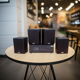 Dàn loa treo tường thông báo, phát nhạc nền tự động: Amply A917PU-2K Goldsound 1200w + 4 loa Goldsound V55C 55w, loa được thiết kế riêng cho quán, bật lớn không tạp âm, miễn phí công lắp đặt, bảo hành dài hạn 5 năm