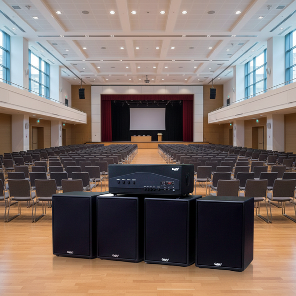 Loa treo tường hội trường Gold4Acoustic: Amply A917-4K + 4 V230, Amply 4 - 6 vùng âm lượng, loa được thiết kế riêng, bật lớn không tạp âm, miễn phí công lắp đặt, bảo hành dài hạn 5 năm.