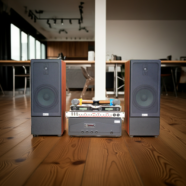 Dàn loa cây karaoke gia đình K385 vân gỗ (01 amply 1200w + 02 loa 380w + 01 vang cơ + bộ Micro không dây)