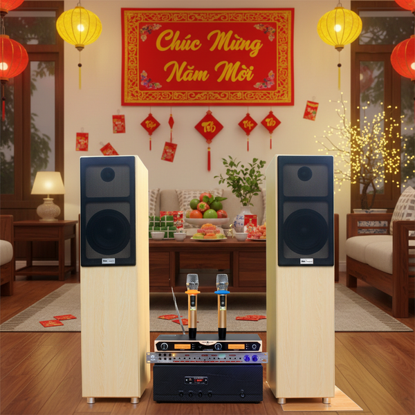 Dàn loa cây karaoke gia đình K386 (01 đẩy 1200w + 01 Vang + 01 bộ Micro không dây + loa 386) - Hàng trưng bày đồng giá cuối năm