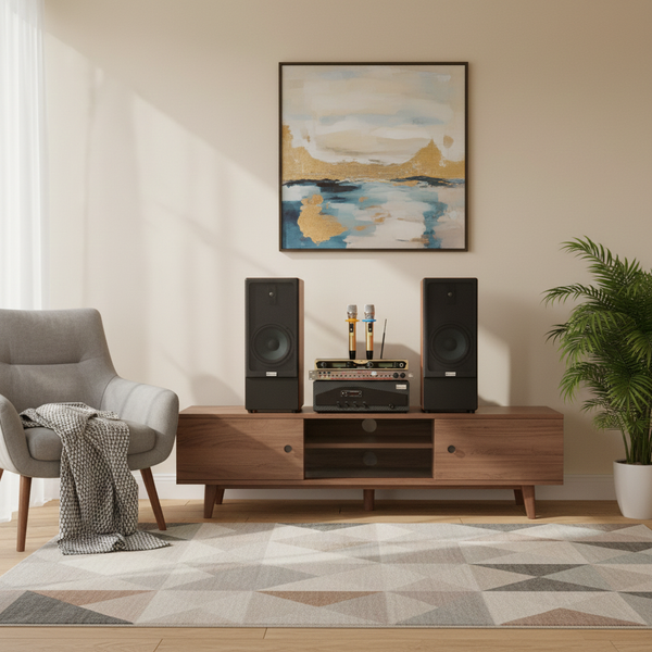 Dàn loa cây karaoke gia đình K385 vân gỗ (01 amply 1200w + 02 loa 380w + 01 vang cơ + bộ Micro không dây)